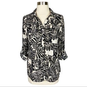 Studio Works Botanical Print Roll Tab Sleeve Blouse - Size Medium (Petite)